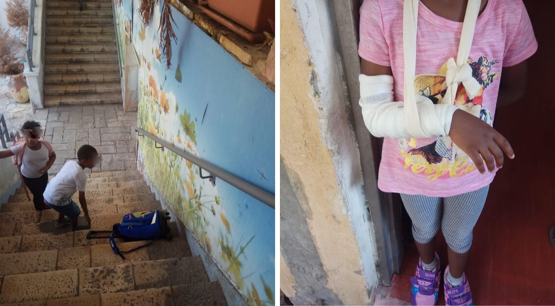 תלמידי בית הספר גוונים. אחת הילדות נפלה במדרגות ושברה את היד