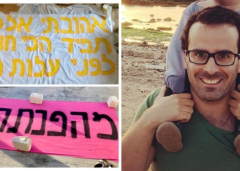 תום פימנטל והשלטים שהכין | צילום מסך: פייסבוק