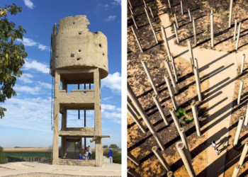 מימין: אנדרטת אוגדת הפלדה, מגדל המים בבארות יצחק | צילום: גיל טבת
