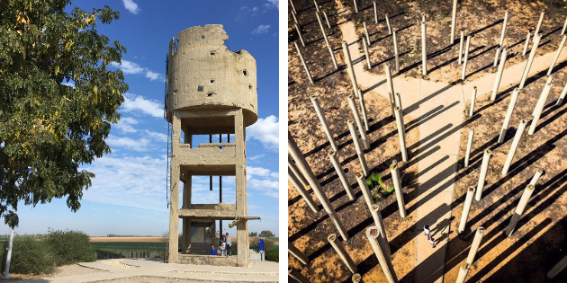 מימין: אנדרטת אוגדת הפלדה, מגדל המים בבארות יצחק | צילום: גיל טבת