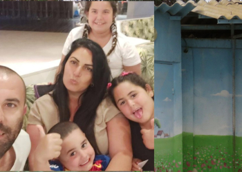 משפחת פיטוסי על רקע מבנה ביישוב פרי גן | צילום: באדיבות המשפחה