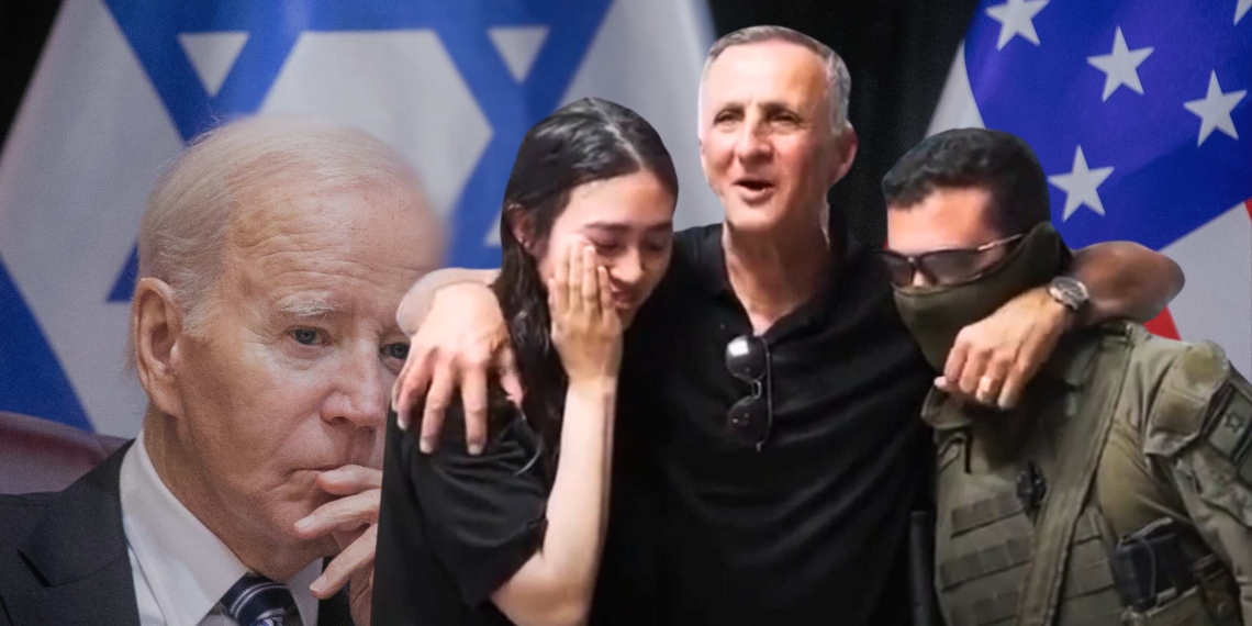 ביידן בביקור בארץ ב-18 באוקטובר ויעקב ונועה ארגמני עם לוחם שהשתתף במבצע השחרור | צילום: מרים אלסטר פלאש 90