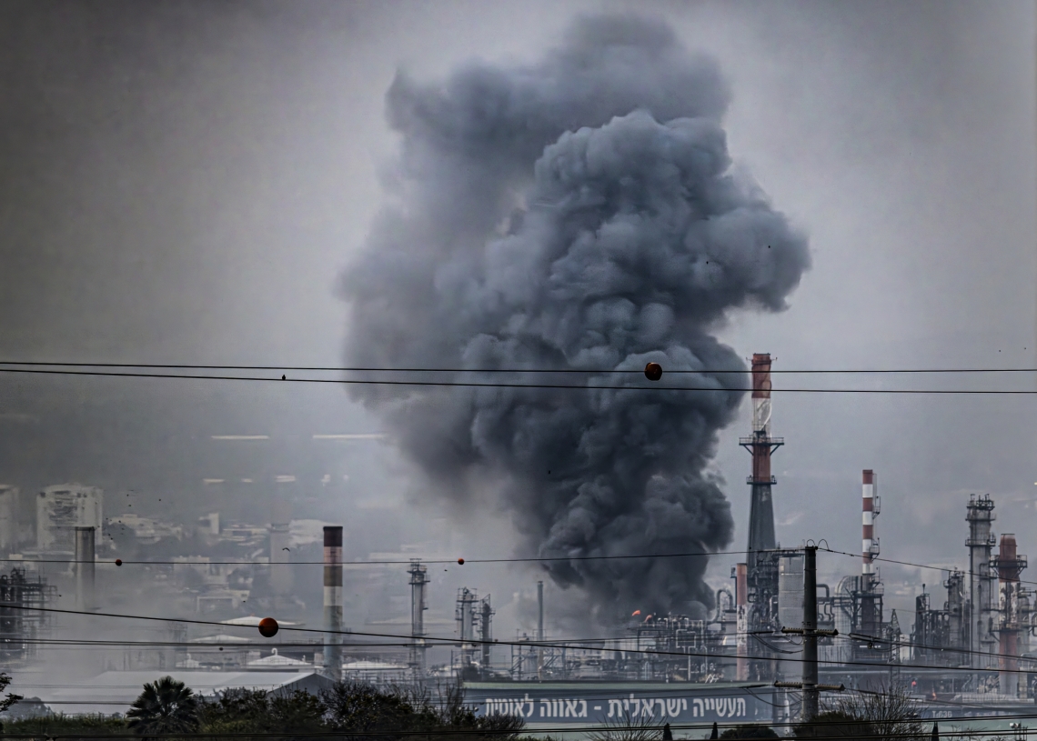 עשן מיתמר מעל מתקני הזיקוק במפרץ חיפה כתוצאה מפגיעה של חלקי טיל בליסטי מאיראן | צילום: פלאש 90