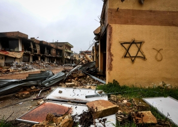 שכונת מגורים הרוסה בדרום לבנון. על אחד הבתים ציירו בספריי צבע מגן דוד